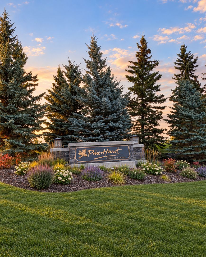 The Pinehurst entrance sign with spruce trees and a planted bed