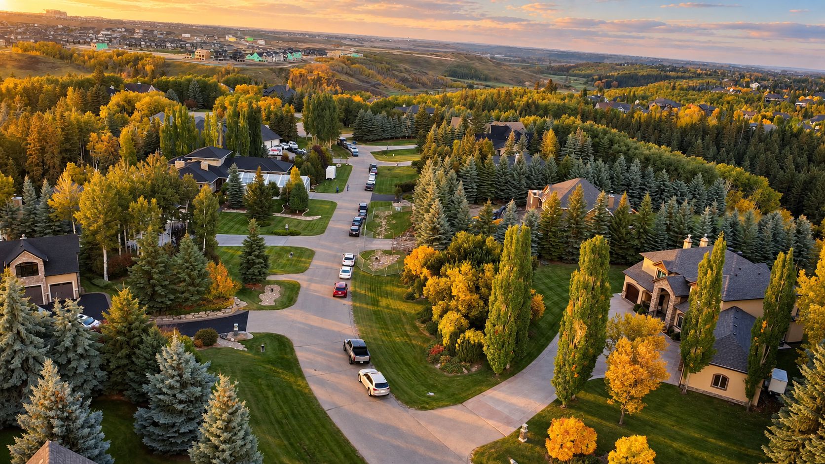 Pinehurst Estates from the air: homes, lawns and spruce trees along Pinehurst Drive